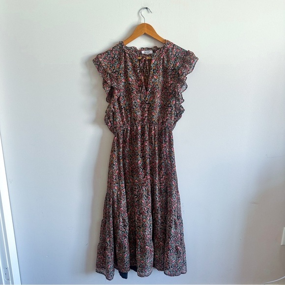 BB Dakota Steve Madden Black Ditsy Floral Ruffle Tiered Sleeveless Midi Dress - Picture 2 of 14